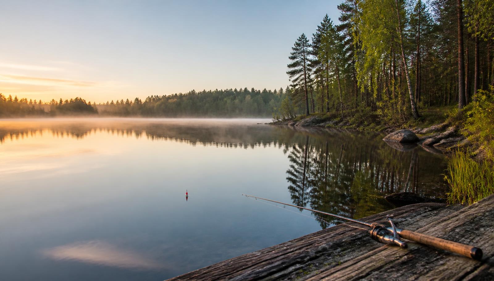 Still sjö i morgonljus med ett fiskespö vid strandkanten